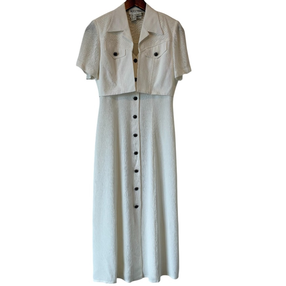 Linen blend Y2K white button down dress with faux cropped blazer 90s vintage - Picture 2 of 13